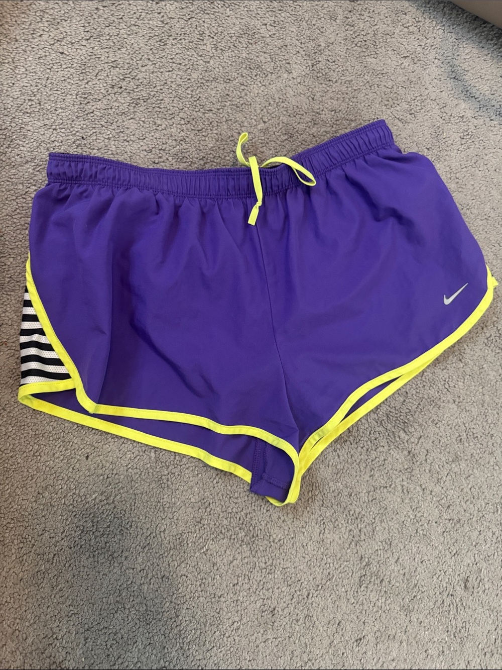 Nike Women's Purple Dri-Fit Athletic Shorts with Yellow Trim Size M